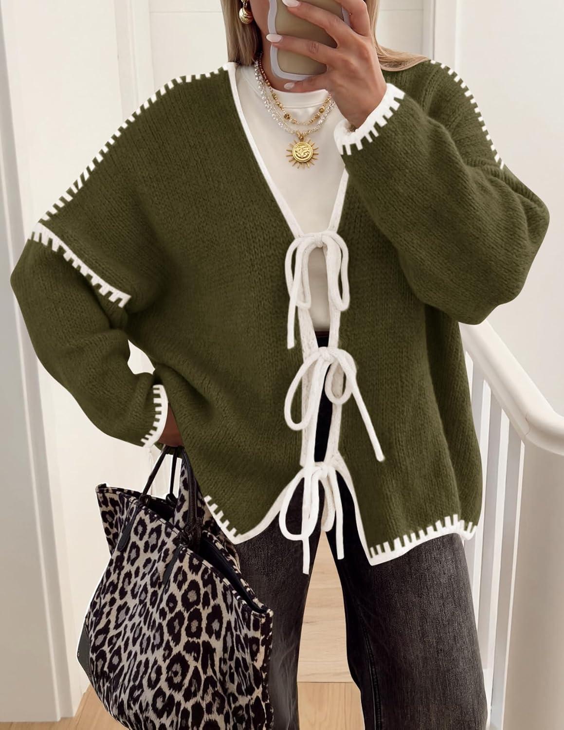 imageZESICA Womens Tie Front Bow Cardigan Sweaters 2025 Casual Long Sleeve Knit Color Block Fall Winter Clothing CoatsArmygreen