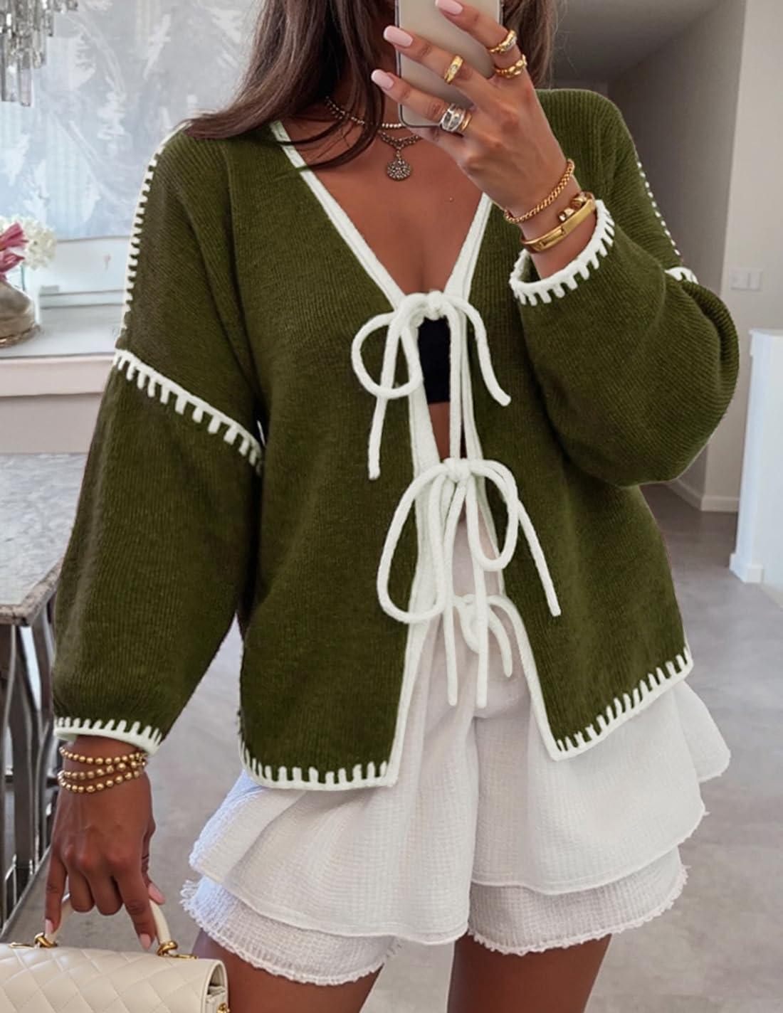 imageZESICA Womens Tie Front Bow Cardigan Sweaters 2025 Casual Long Sleeve Knit Color Block Fall Winter Clothing CoatsArmygreen