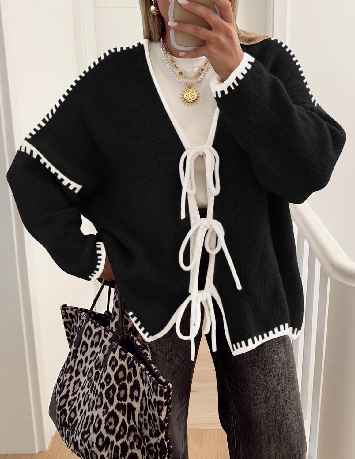 imageZESICA Womens Tie Front Bow Cardigan Sweaters 2025 Casual Long Sleeve Knit Color Block Fall Winter Clothing CoatsBlack