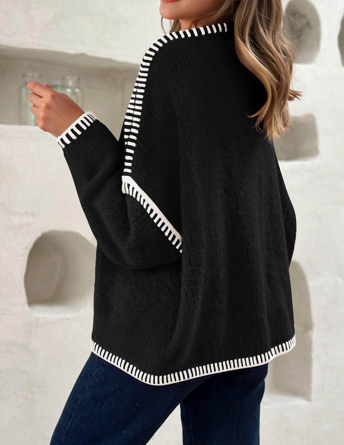 imageZESICA Womens Tie Front Bow Cardigan Sweaters 2025 Casual Long Sleeve Knit Color Block Fall Winter Clothing CoatsBlack