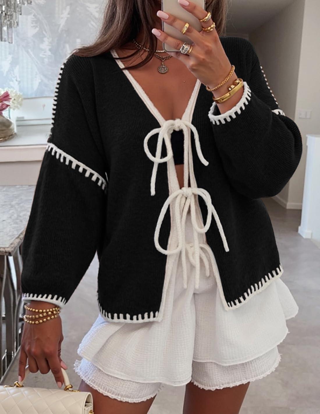 imageZESICA Womens Tie Front Bow Cardigan Sweaters 2025 Casual Long Sleeve Knit Color Block Fall Winter Clothing CoatsBlack