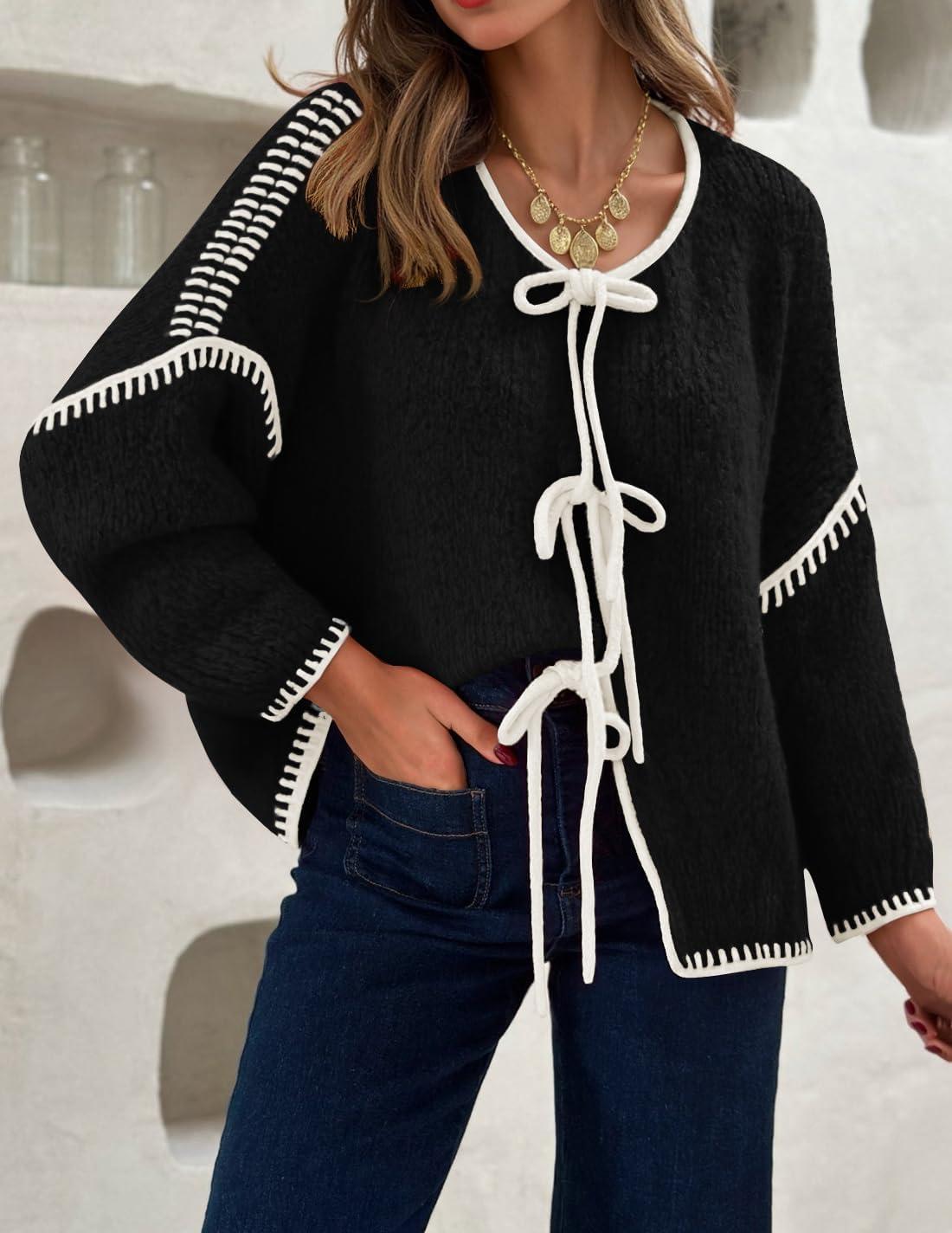 imageZESICA Womens Tie Front Bow Cardigan Sweaters 2025 Casual Long Sleeve Knit Color Block Fall Winter Clothing CoatsBlack