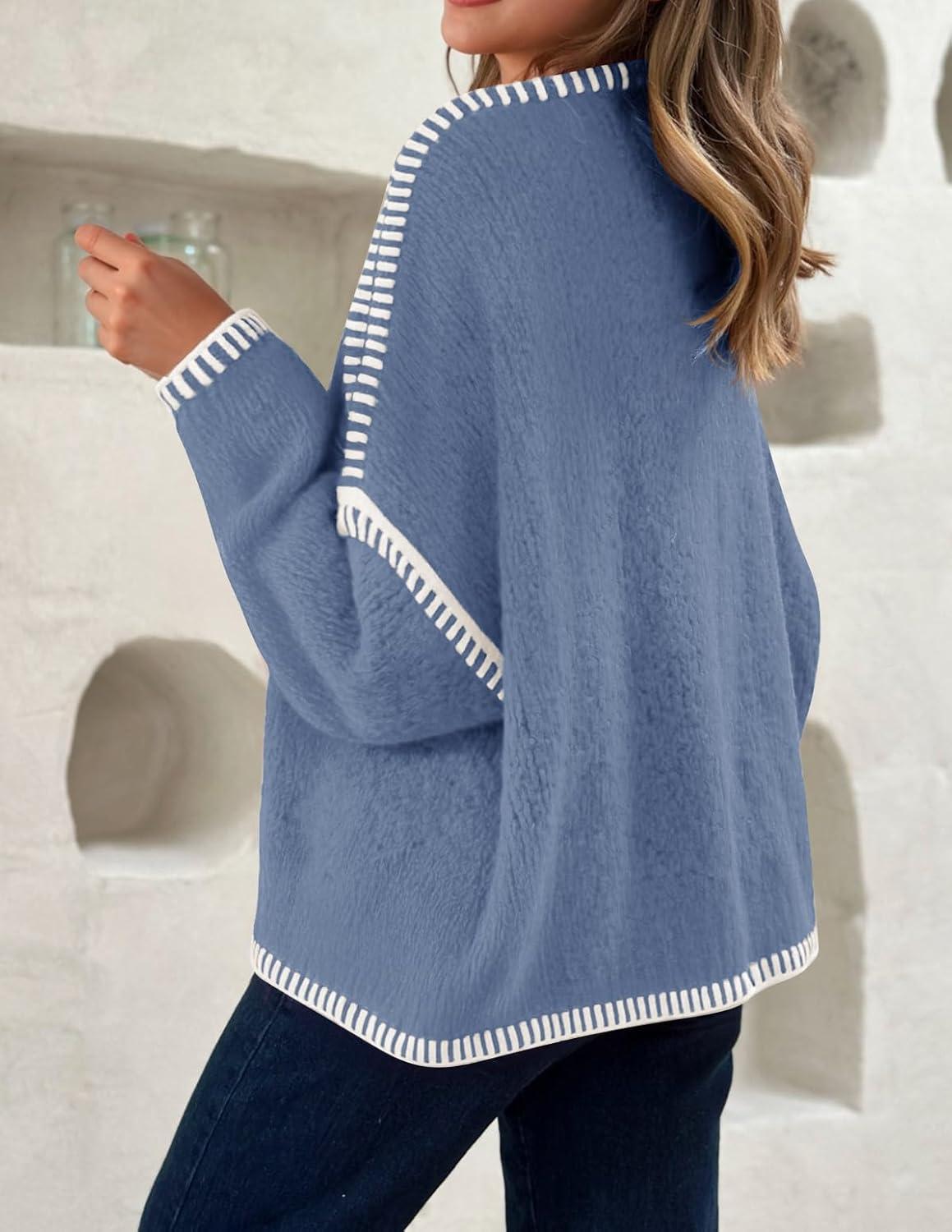 imageZESICA Womens Tie Front Bow Cardigan Sweaters 2025 Casual Long Sleeve Knit Color Block Fall Winter Clothing CoatsBlue