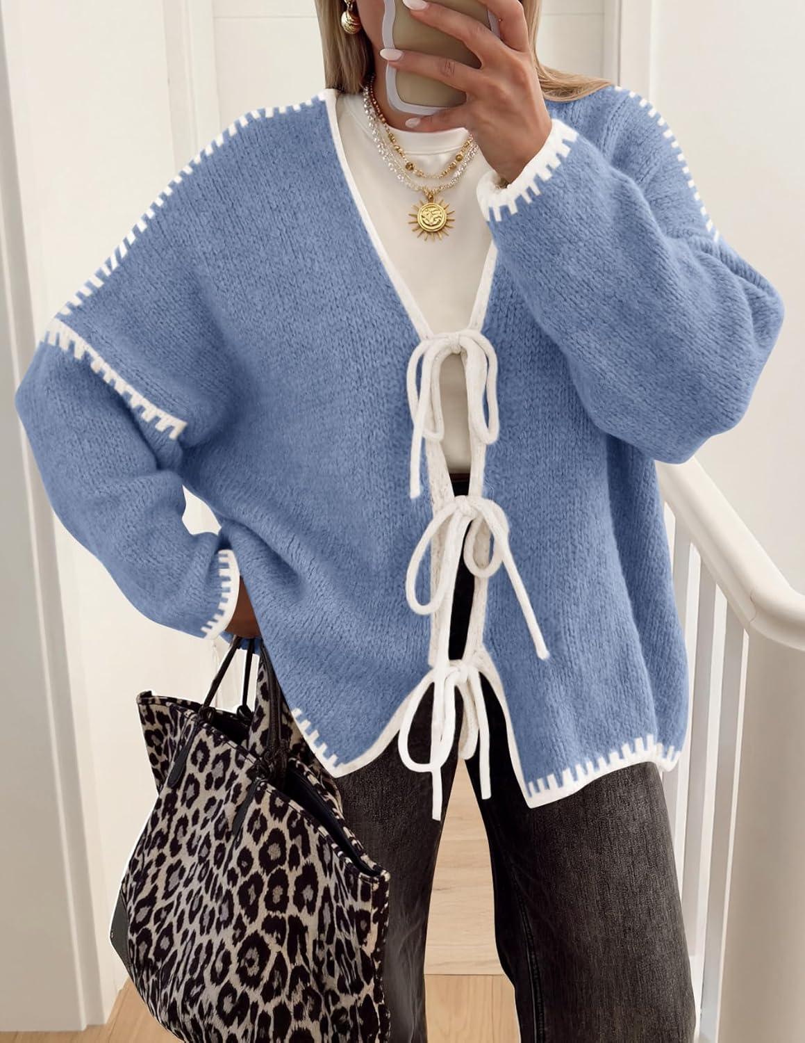 imageZESICA Womens Tie Front Bow Cardigan Sweaters 2025 Casual Long Sleeve Knit Color Block Fall Winter Clothing CoatsBlue