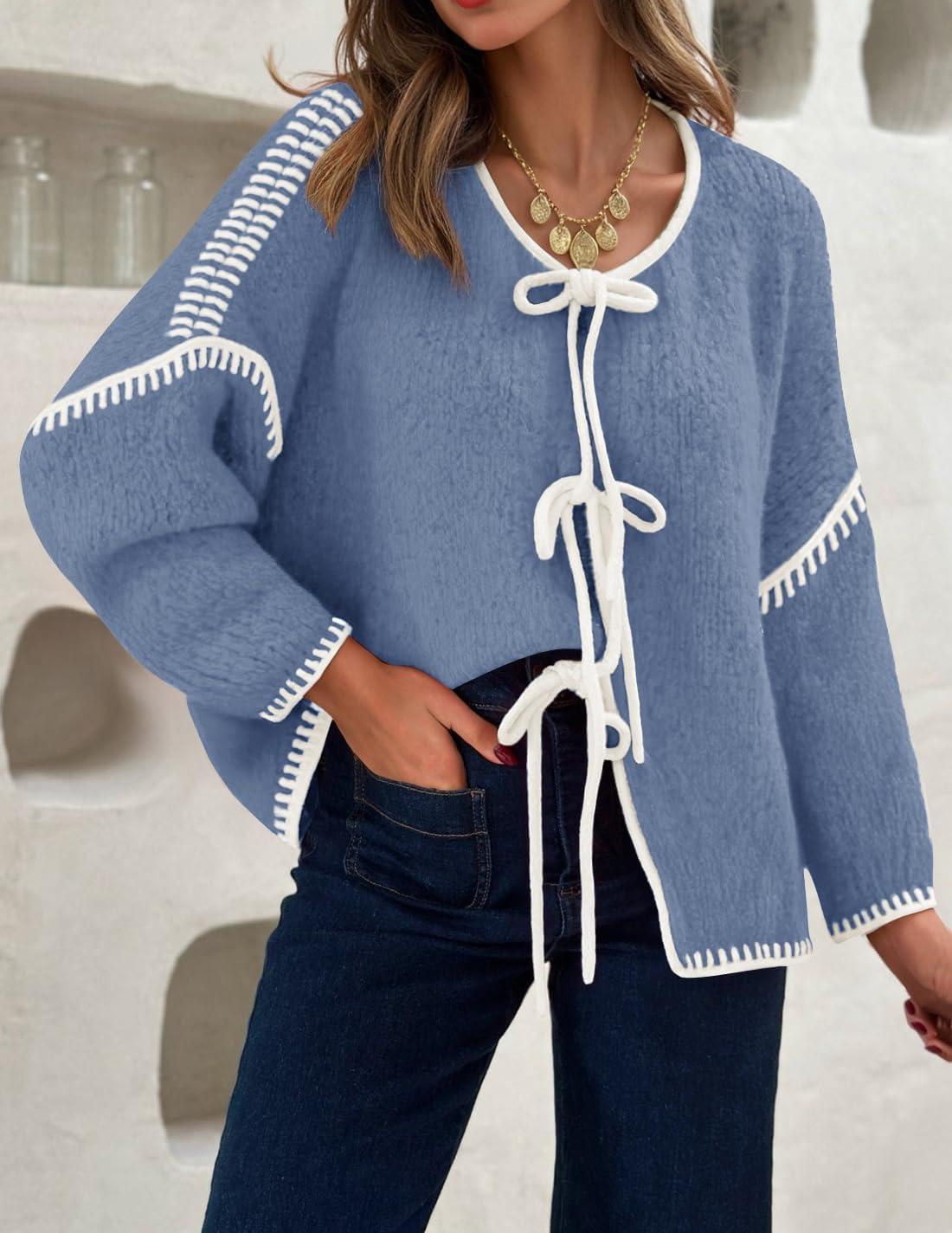 imageZESICA Womens Tie Front Bow Cardigan Sweaters 2025 Casual Long Sleeve Knit Color Block Fall Winter Clothing CoatsBlue