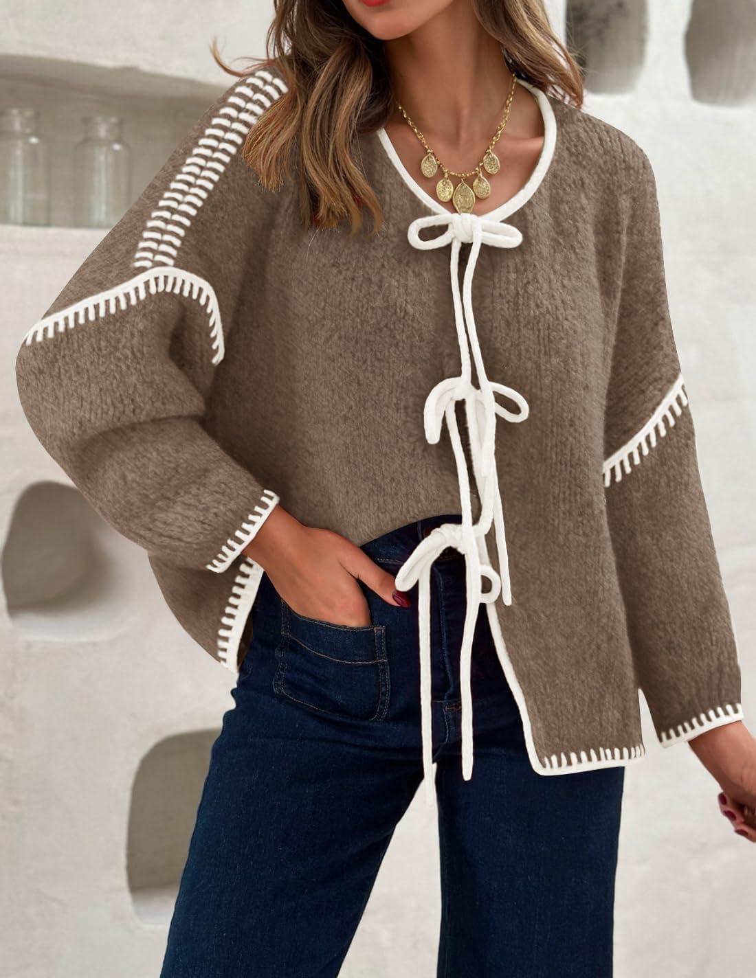 imageZESICA Womens Tie Front Bow Cardigan Sweaters 2025 Casual Long Sleeve Knit Color Block Fall Winter Clothing CoatsCamel