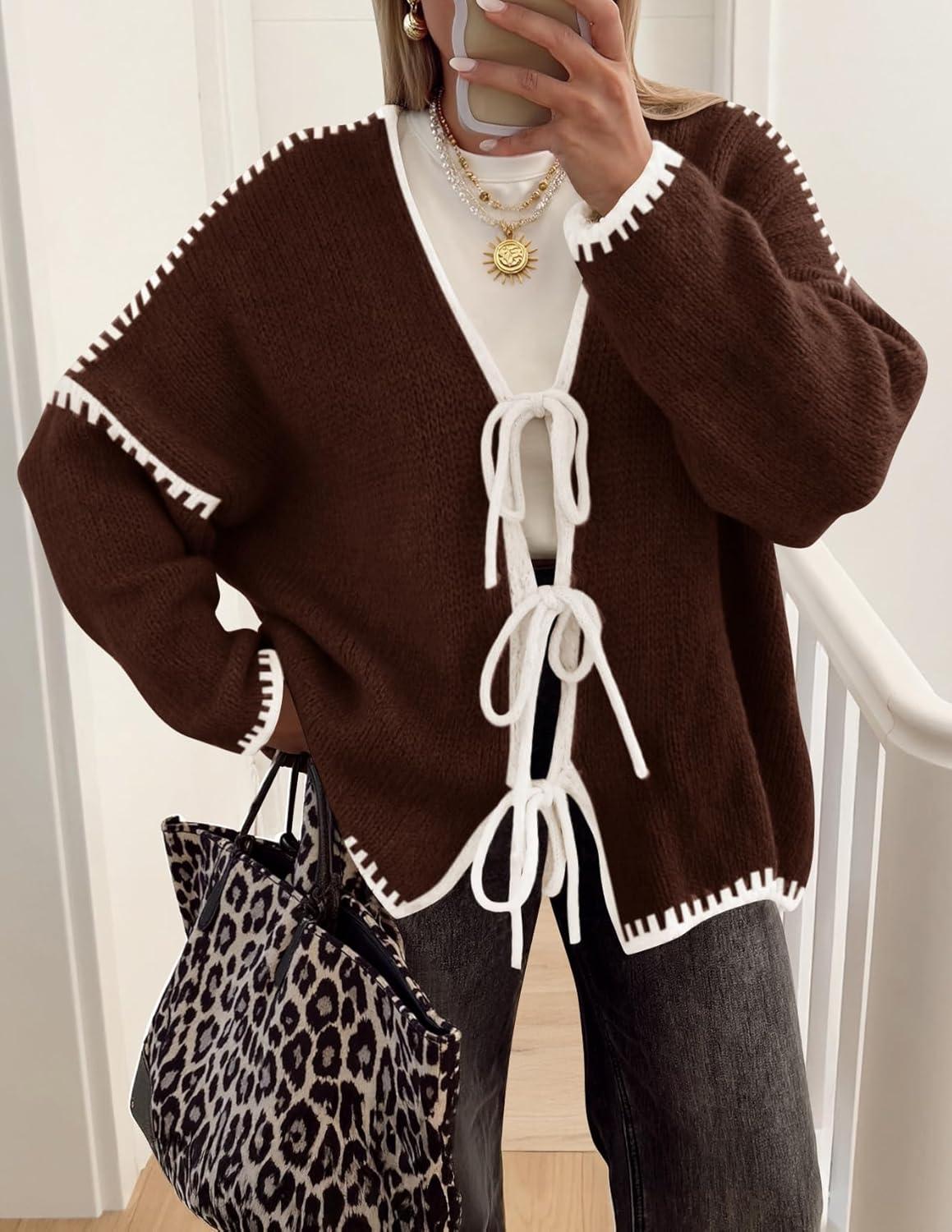 imageZESICA Womens Tie Front Bow Cardigan Sweaters 2025 Casual Long Sleeve Knit Color Block Fall Winter Clothing CoatsCaramel