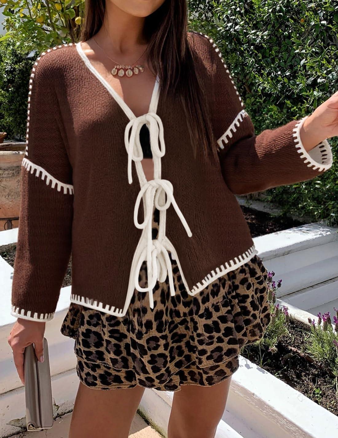 imageZESICA Womens Tie Front Bow Cardigan Sweaters 2025 Casual Long Sleeve Knit Color Block Fall Winter Clothing CoatsCaramel