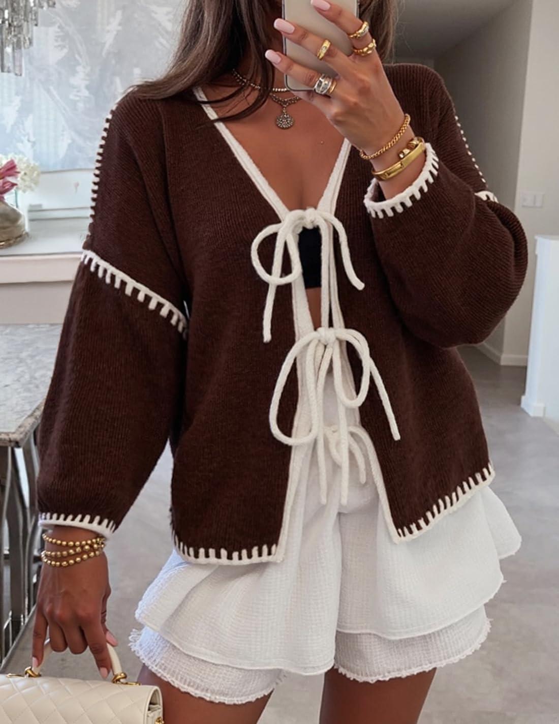 imageZESICA Womens Tie Front Bow Cardigan Sweaters 2025 Casual Long Sleeve Knit Color Block Fall Winter Clothing CoatsCaramel