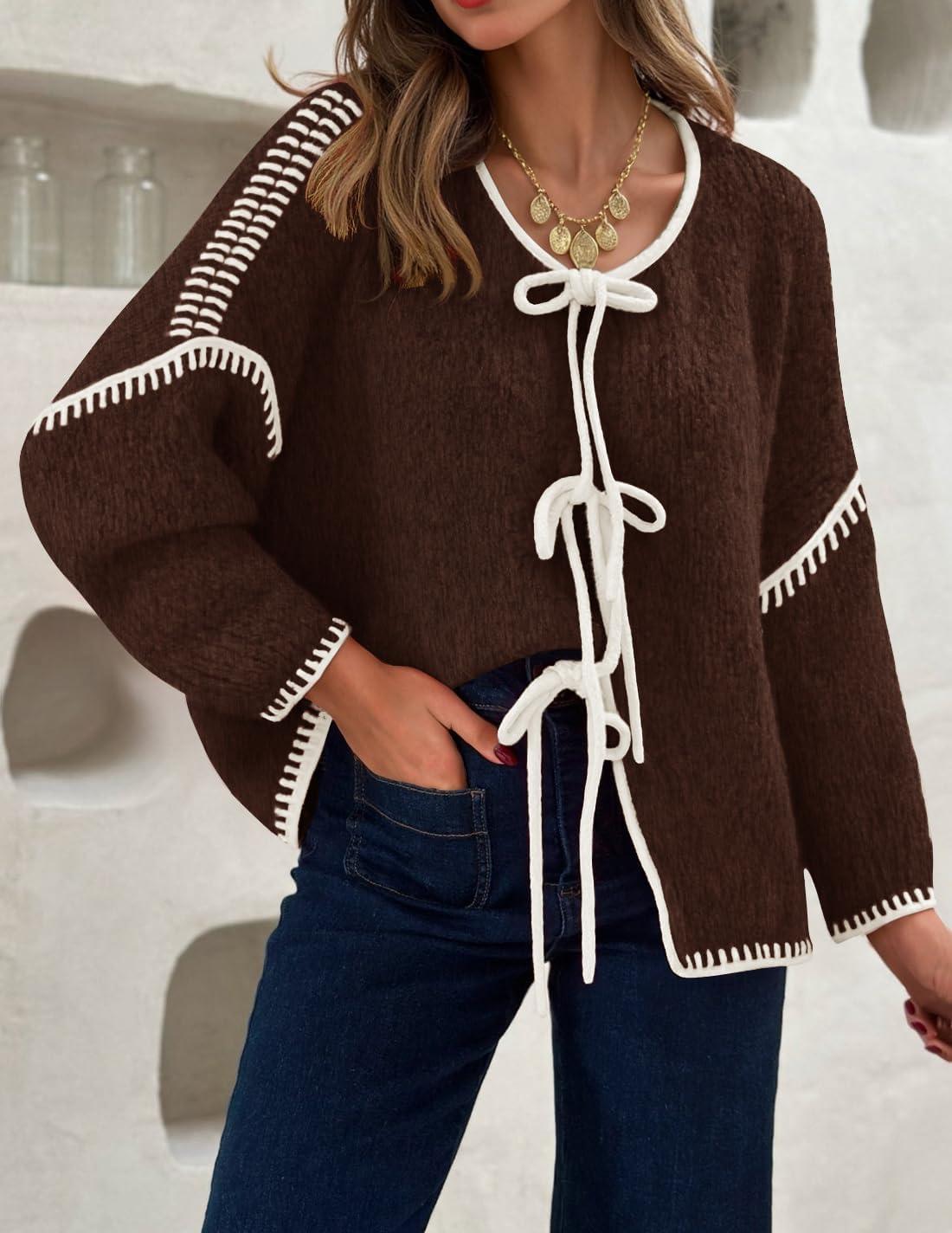 imageZESICA Womens Tie Front Bow Cardigan Sweaters 2025 Casual Long Sleeve Knit Color Block Fall Winter Clothing CoatsCaramel