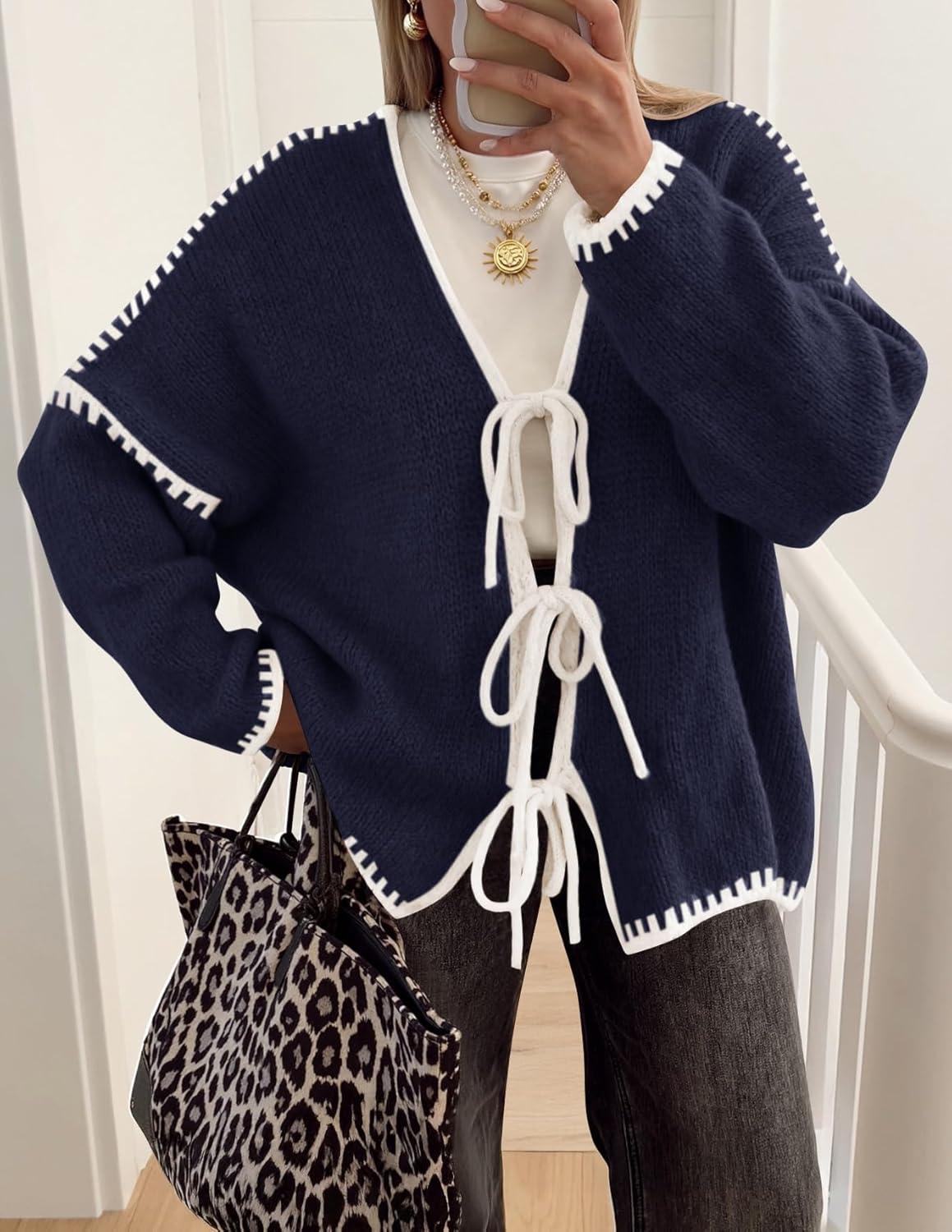 imageZESICA Womens Tie Front Bow Cardigan Sweaters 2025 Casual Long Sleeve Knit Color Block Fall Winter Clothing CoatsNavy