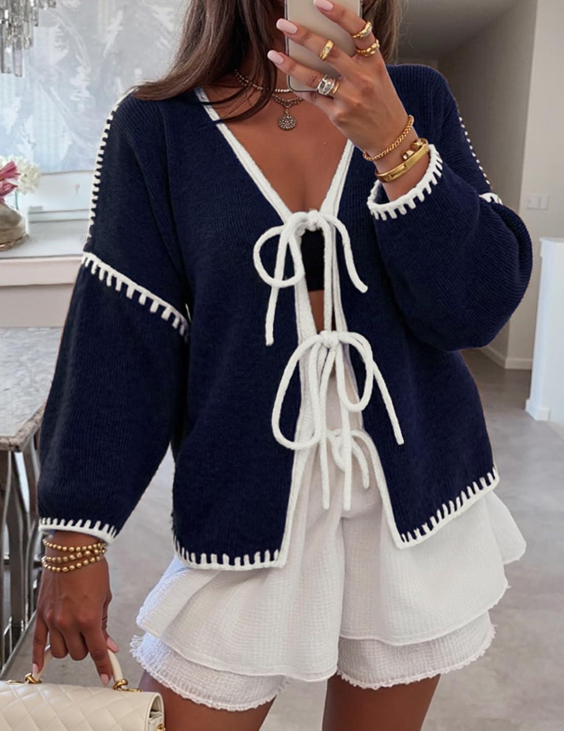 imageZESICA Womens Tie Front Bow Cardigan Sweaters 2025 Casual Long Sleeve Knit Color Block Fall Winter Clothing CoatsNavy