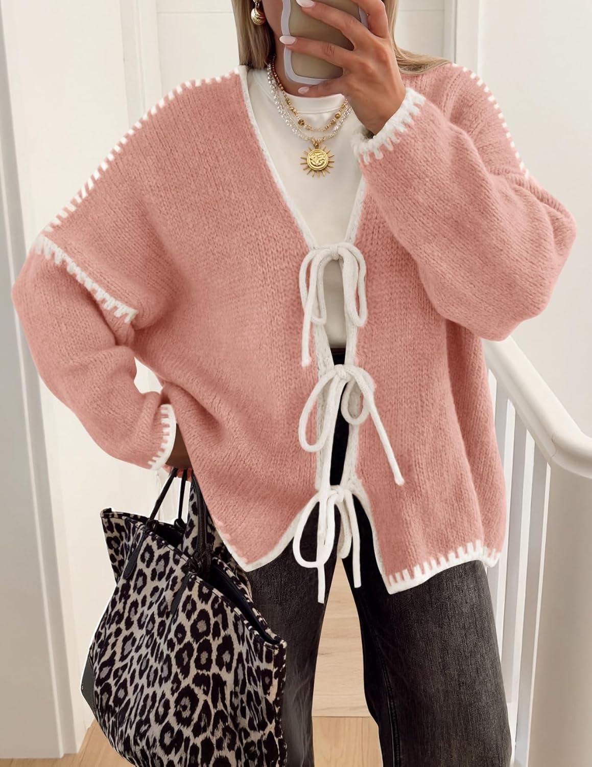 imageZESICA Womens Tie Front Bow Cardigan Sweaters 2025 Casual Long Sleeve Knit Color Block Fall Winter Clothing CoatsPink