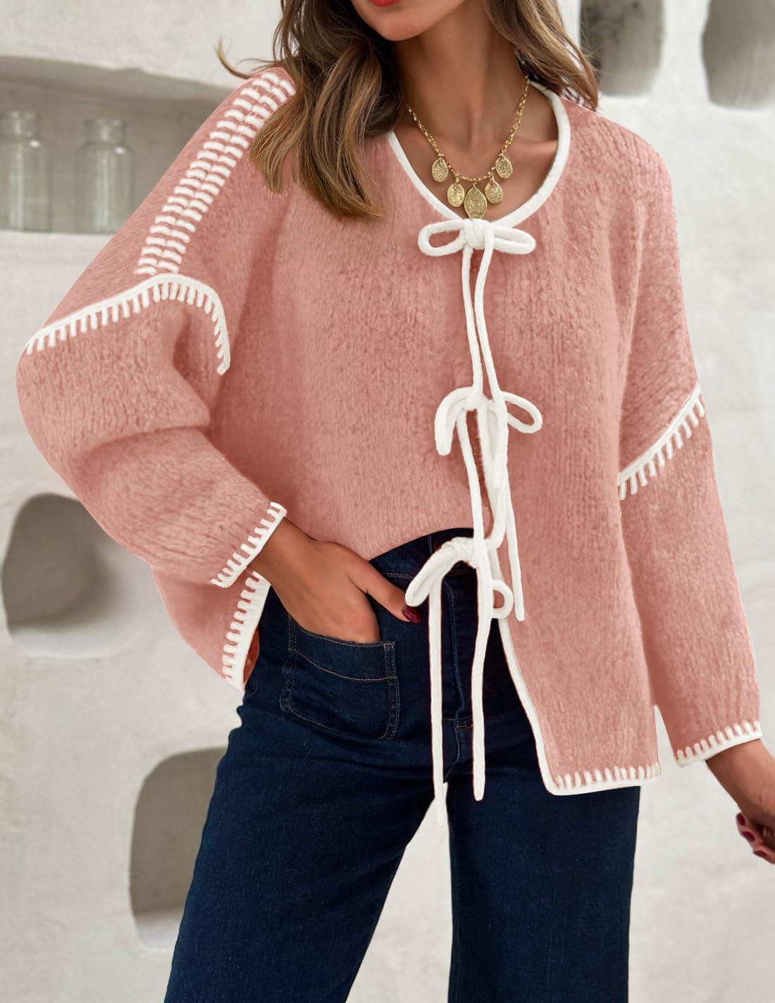 imageZESICA Womens Tie Front Bow Cardigan Sweaters 2025 Casual Long Sleeve Knit Color Block Fall Winter Clothing CoatsPink