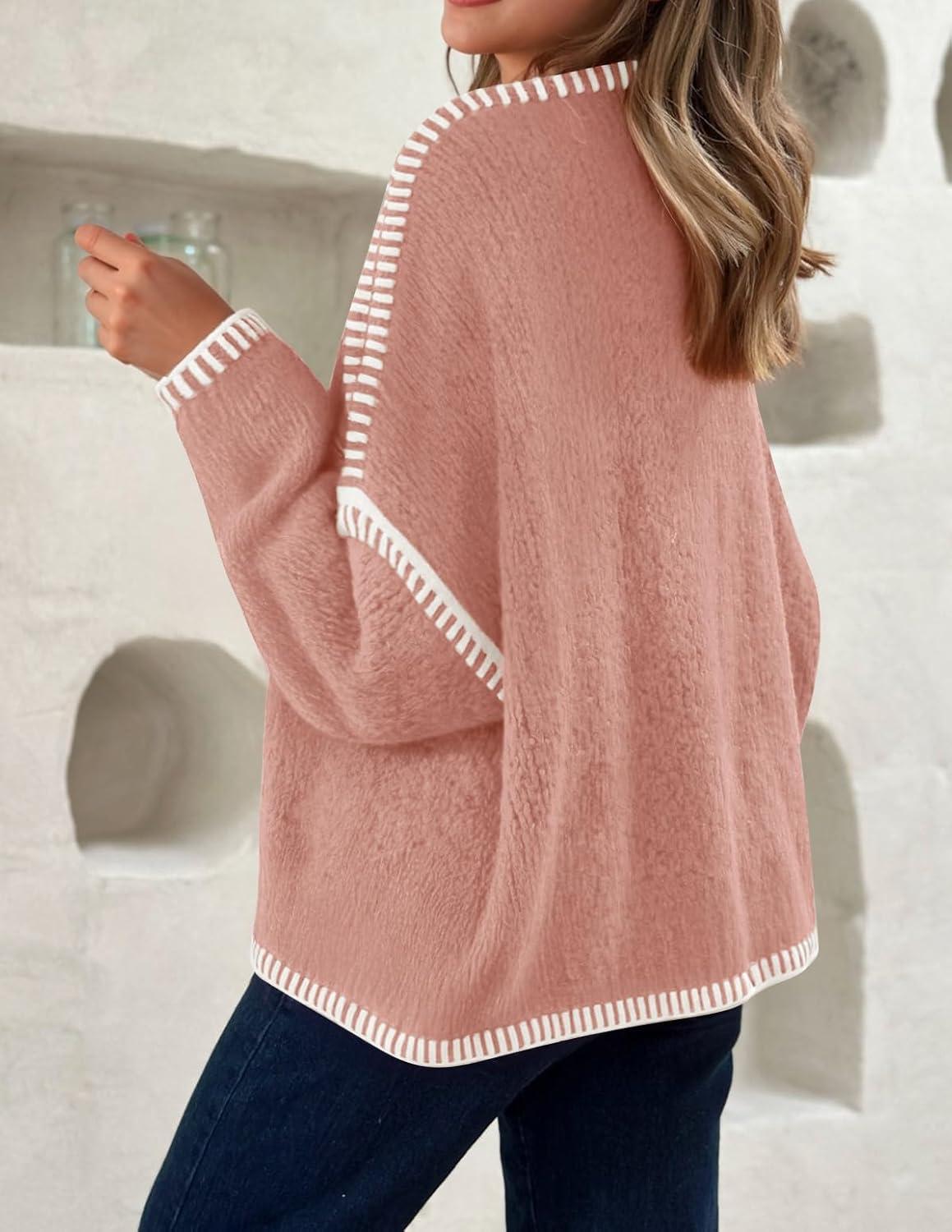 imageZESICA Womens Tie Front Bow Cardigan Sweaters 2025 Casual Long Sleeve Knit Color Block Fall Winter Clothing CoatsPink