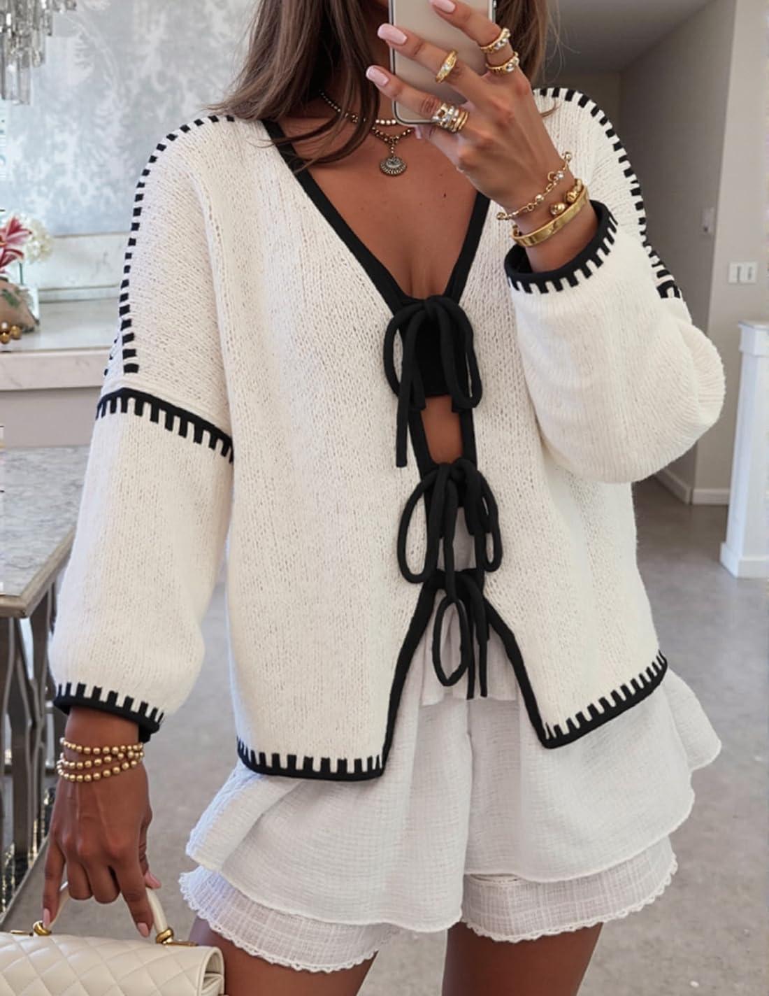 imageZESICA Womens Tie Front Bow Cardigan Sweaters 2025 Casual Long Sleeve Knit Color Block Fall Winter Clothing CoatsWhite
