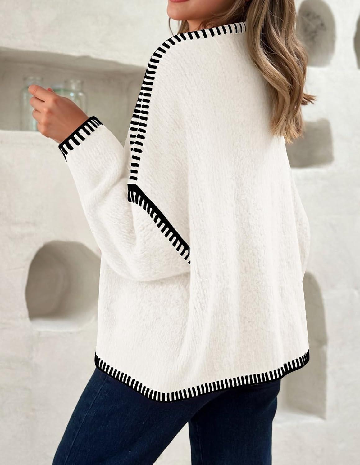 imageZESICA Womens Tie Front Bow Cardigan Sweaters 2025 Casual Long Sleeve Knit Color Block Fall Winter Clothing CoatsWhite