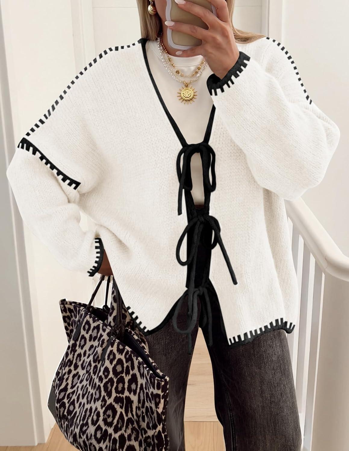imageZESICA Womens Tie Front Bow Cardigan Sweaters 2025 Casual Long Sleeve Knit Color Block Fall Winter Clothing CoatsWhite