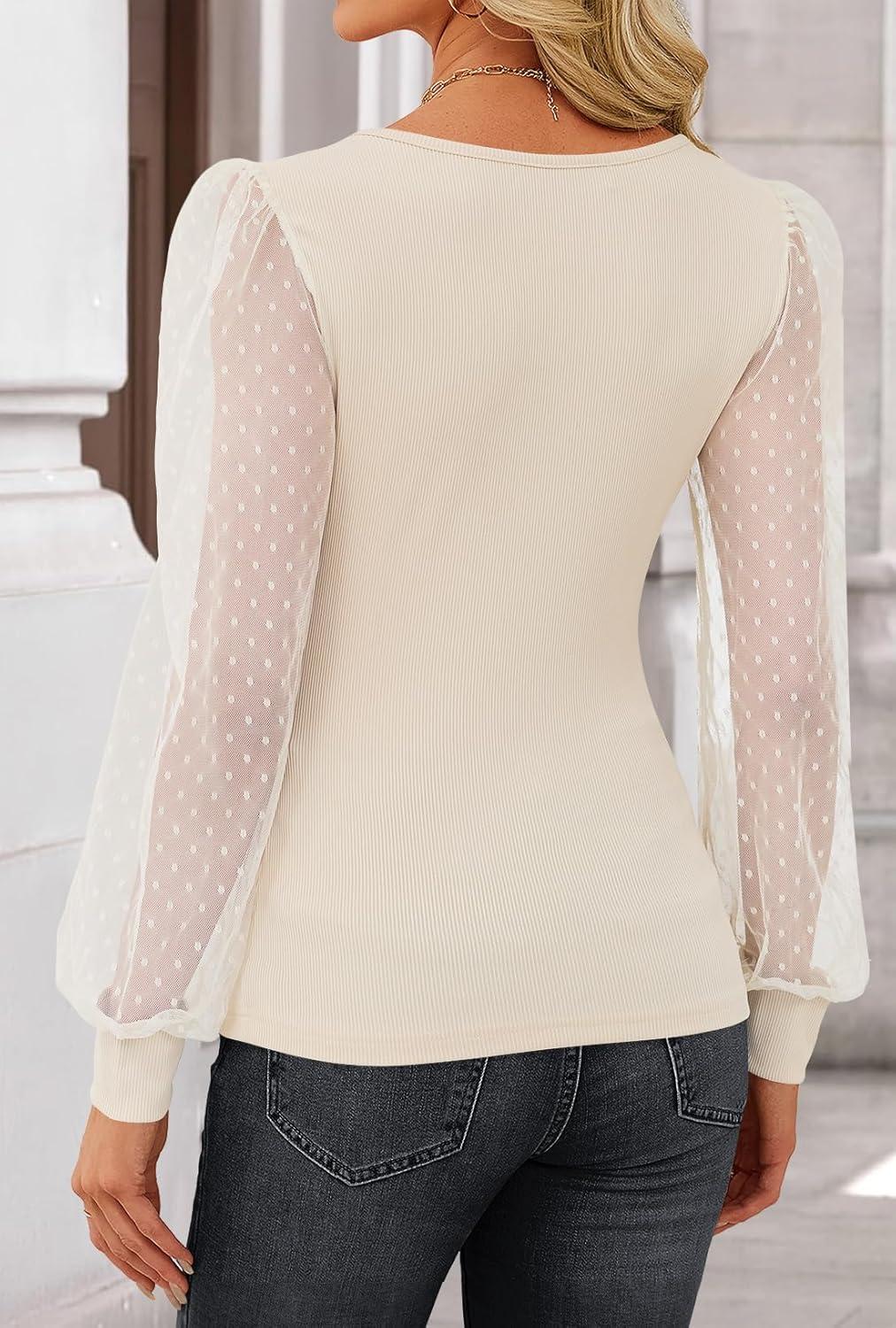 imageZESICA Womens Tops V Neck Ribbed Knit Polka Dot Mesh Long Sleeve Shirts Fall Fashion Business Casual Outfits Dressy BlousesApricot
