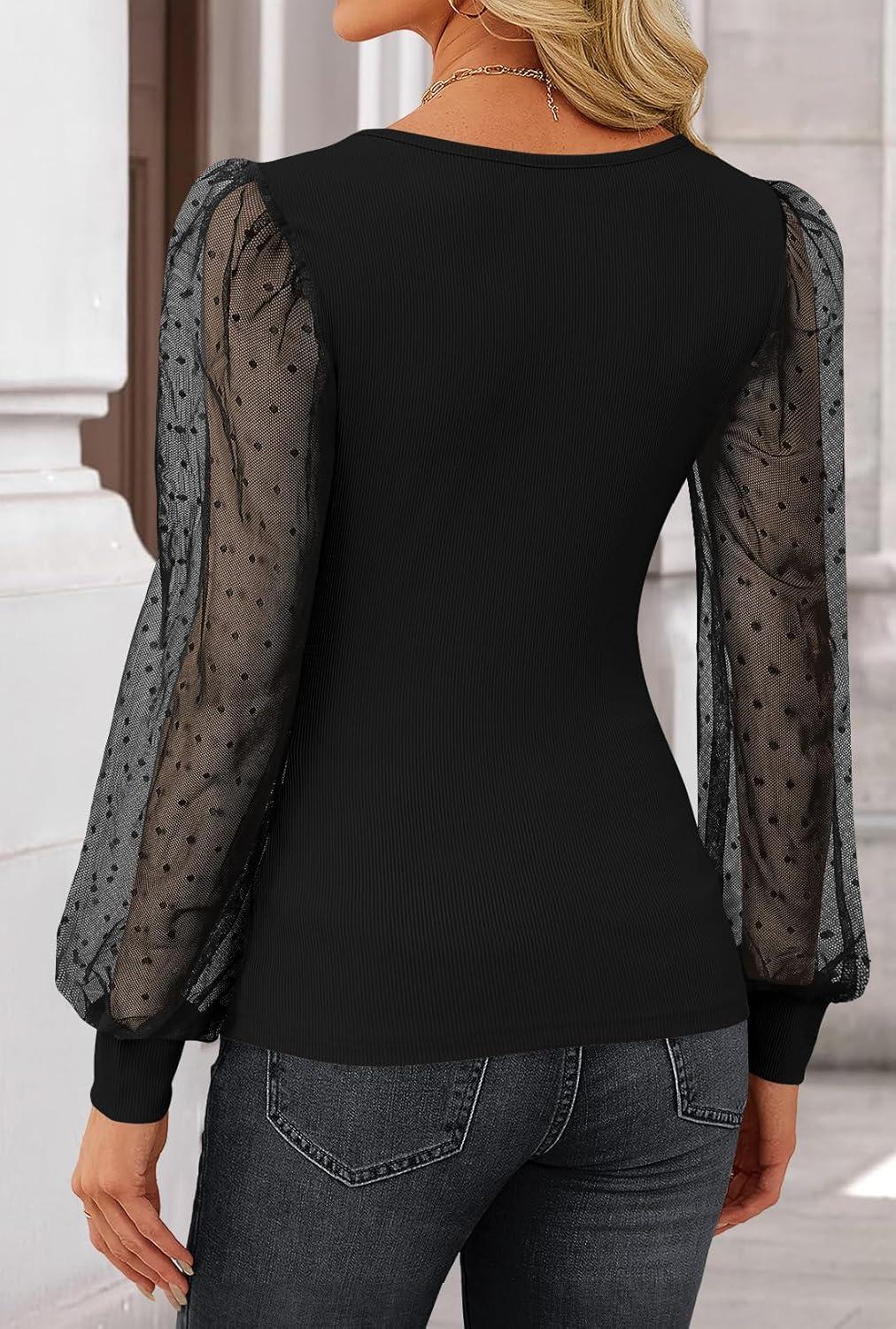 imageZESICA Womens Tops V Neck Ribbed Knit Polka Dot Mesh Long Sleeve Shirts Fall Fashion Business Casual Outfits Dressy BlousesBlack