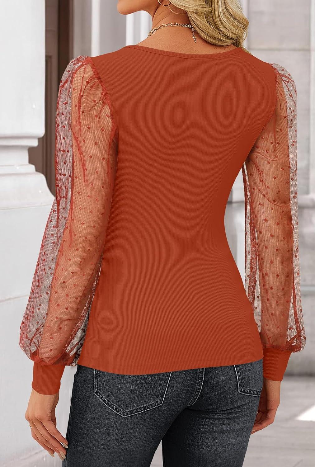 imageZESICA Womens Tops V Neck Ribbed Knit Polka Dot Mesh Long Sleeve Shirts Fall Fashion Business Casual Outfits Dressy BlousesCaramel