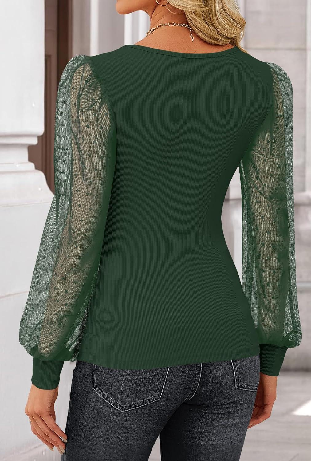 imageZESICA Womens Tops V Neck Ribbed Knit Polka Dot Mesh Long Sleeve Shirts Fall Fashion Business Casual Outfits Dressy BlousesDark Green