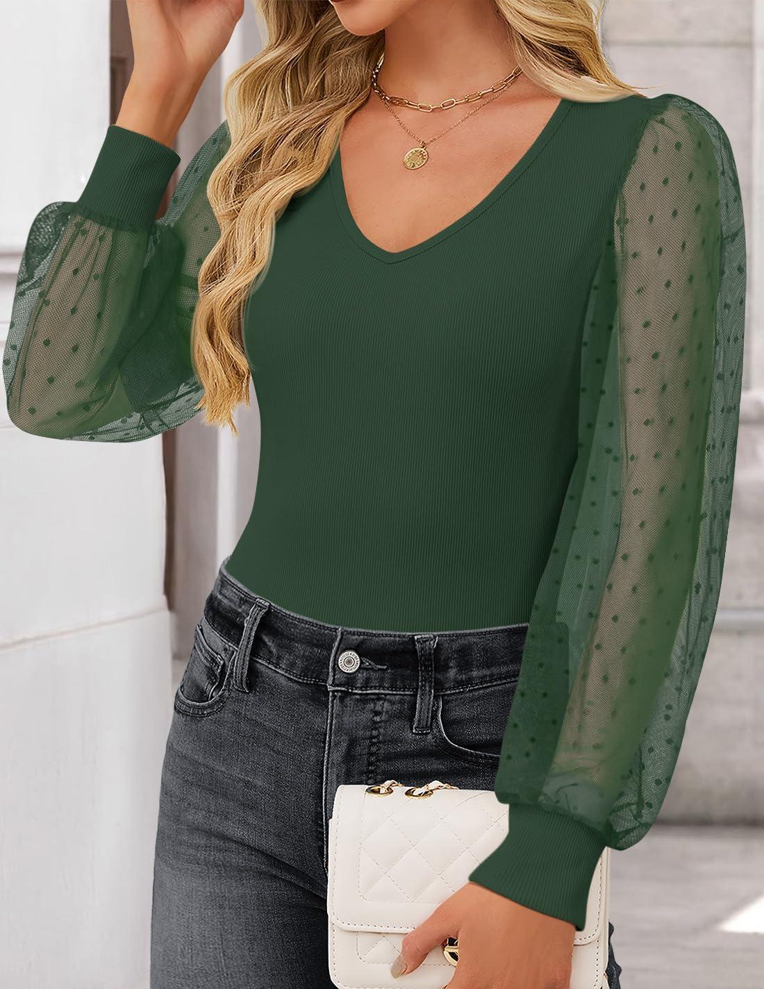 imageZESICA Womens Tops V Neck Ribbed Knit Polka Dot Mesh Long Sleeve Shirts Fall Fashion Business Casual Outfits Dressy BlousesDark Green