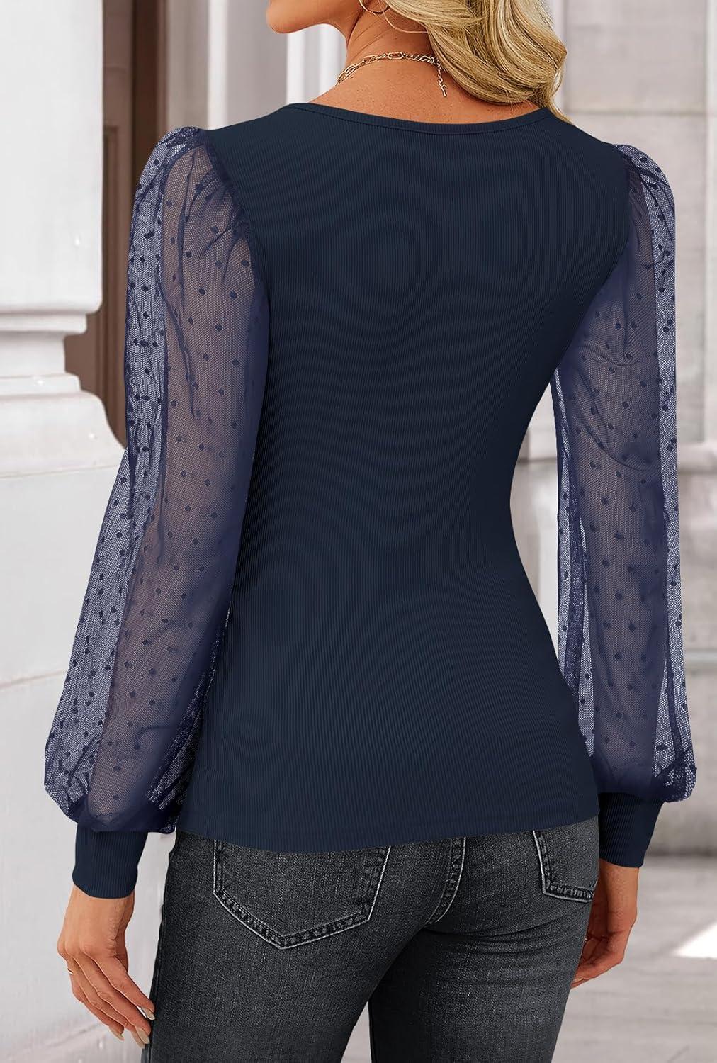 imageZESICA Womens Tops V Neck Ribbed Knit Polka Dot Mesh Long Sleeve Shirts Fall Fashion Business Casual Outfits Dressy BlousesNavy Blue