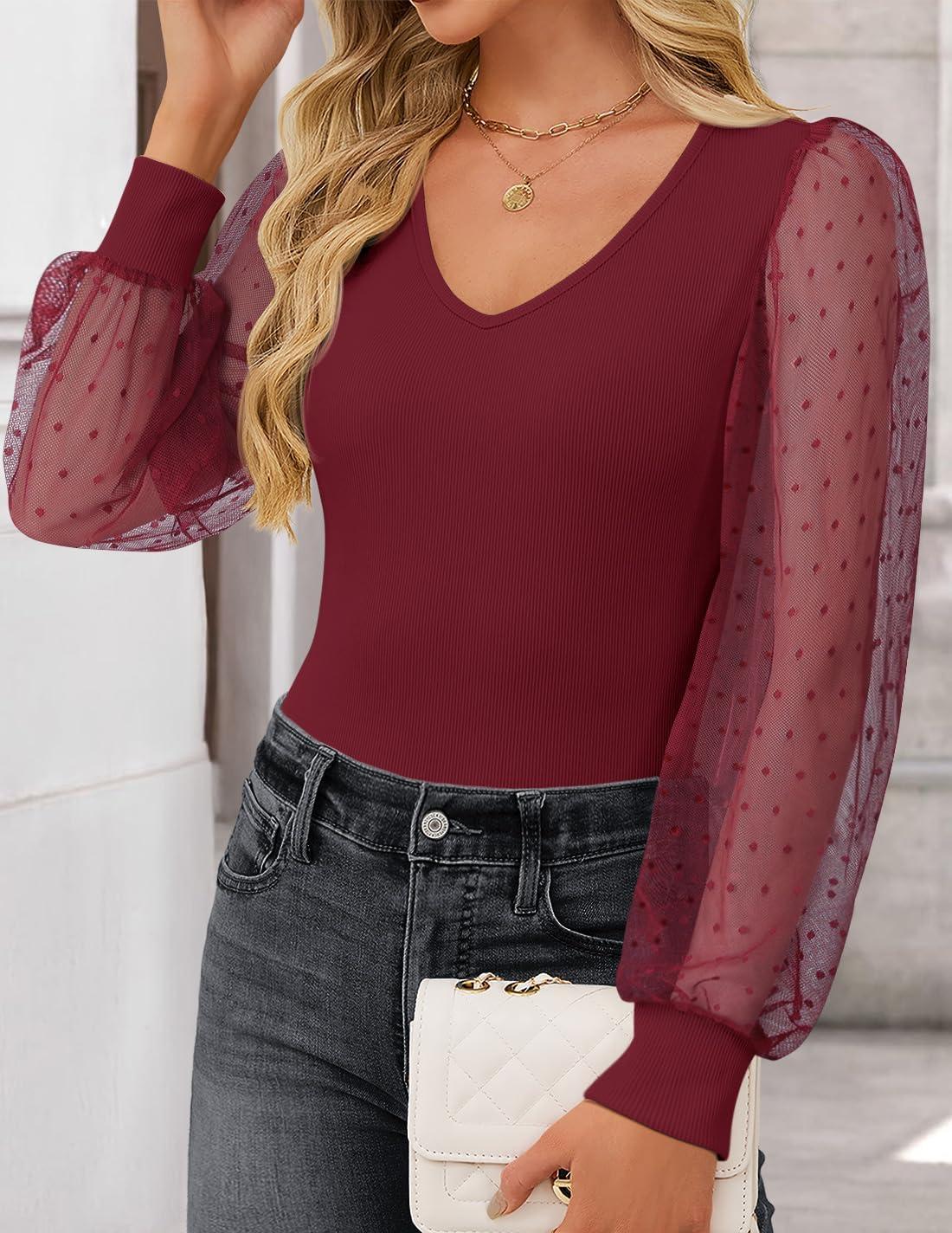 imageZESICA Womens Tops V Neck Ribbed Knit Polka Dot Mesh Long Sleeve Shirts Fall Fashion Business Casual Outfits Dressy BlousesWine Red