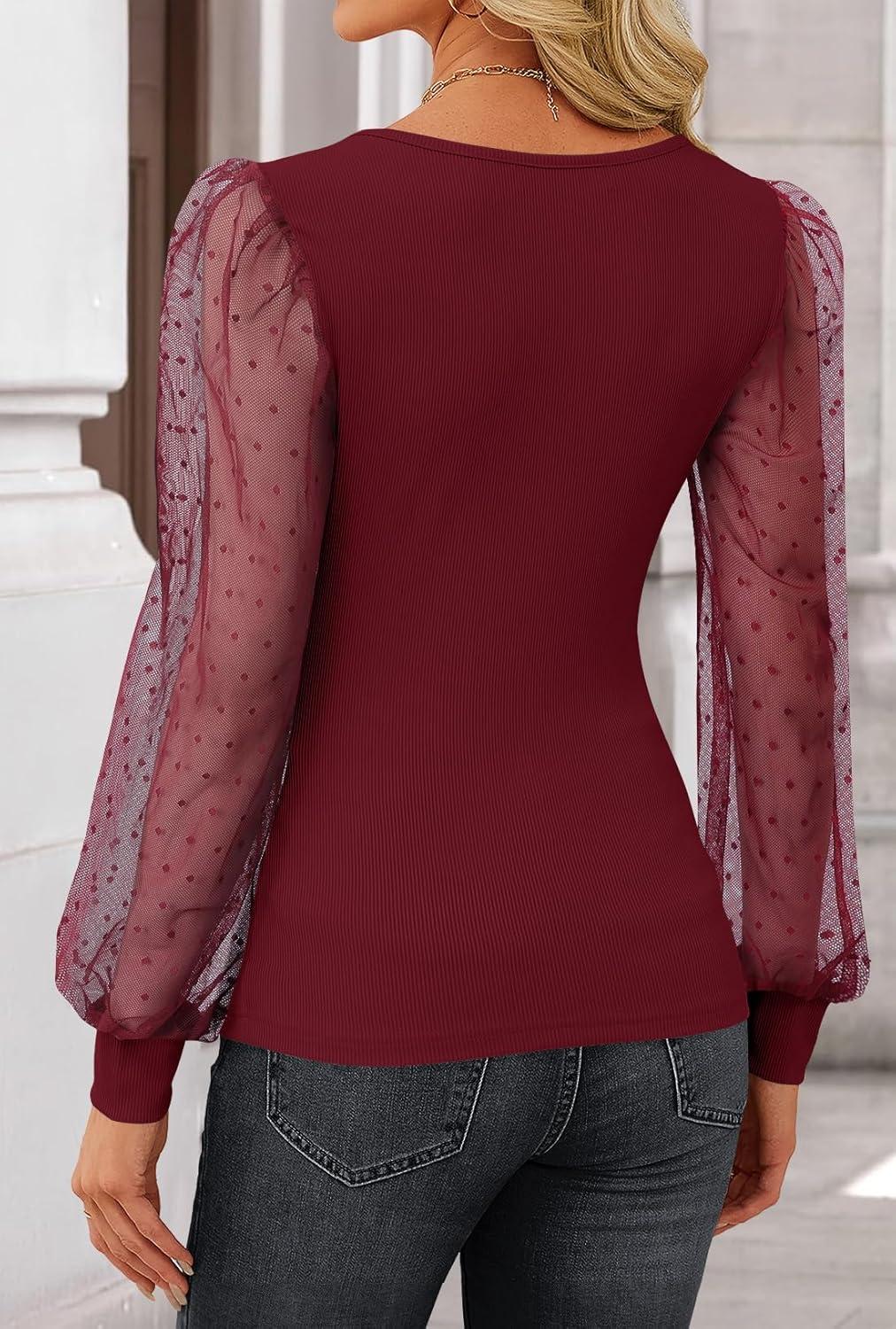 imageZESICA Womens Tops V Neck Ribbed Knit Polka Dot Mesh Long Sleeve Shirts Fall Fashion Business Casual Outfits Dressy BlousesWine Red