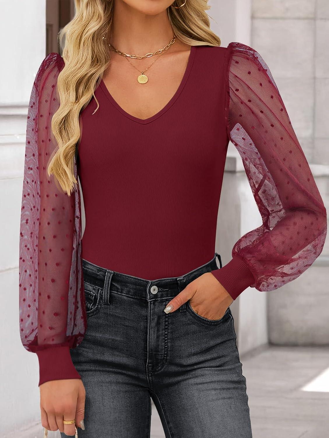 imageZESICA Womens Tops V Neck Ribbed Knit Polka Dot Mesh Long Sleeve Shirts Fall Fashion Business Casual Outfits Dressy BlousesWine Red