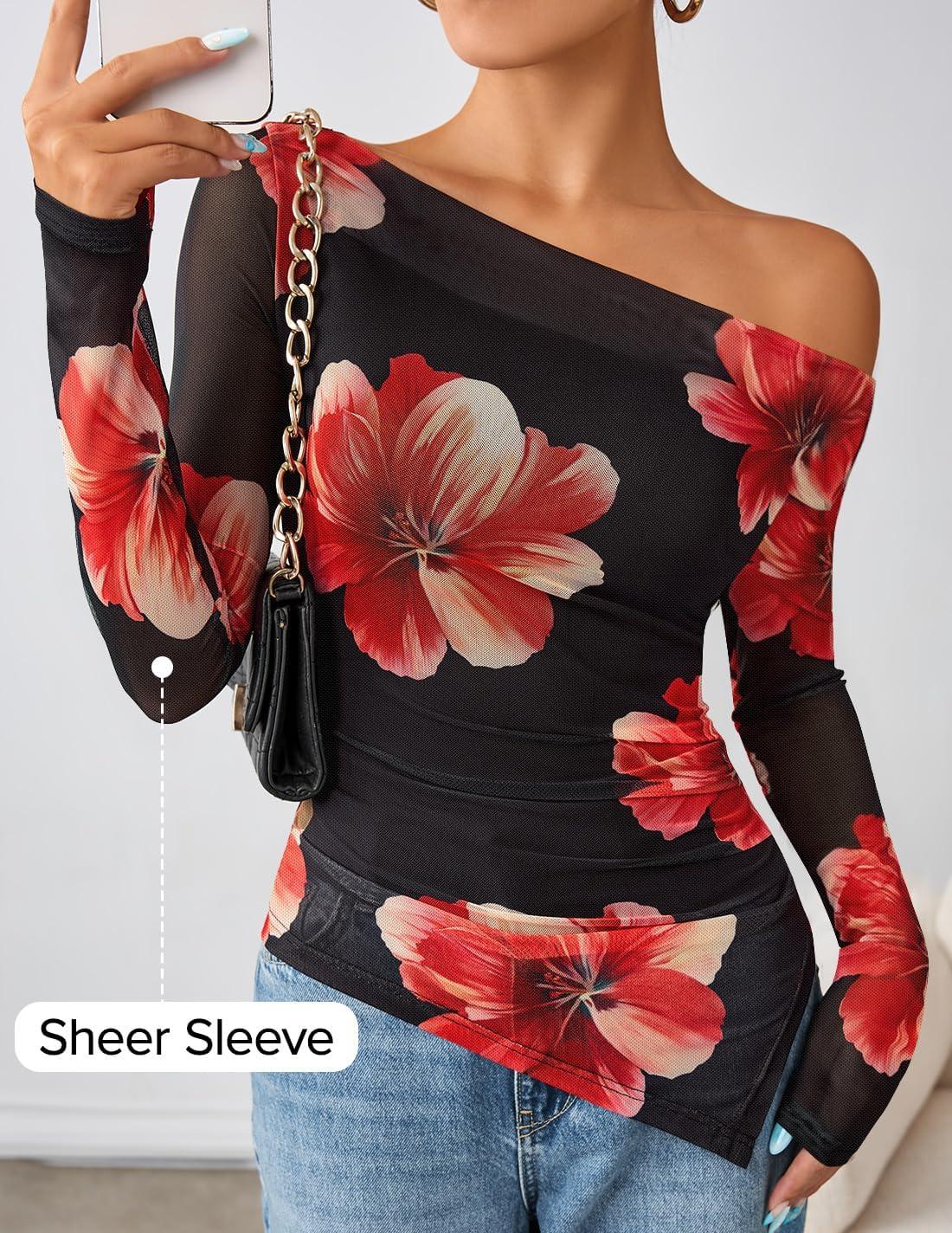 imageZESICA Womens Trendy Off Shoulder Floral Mesh Tops Slim Fit Sexy Long Sleeve Shirts Asymmetrical Ruched BlousesBlack