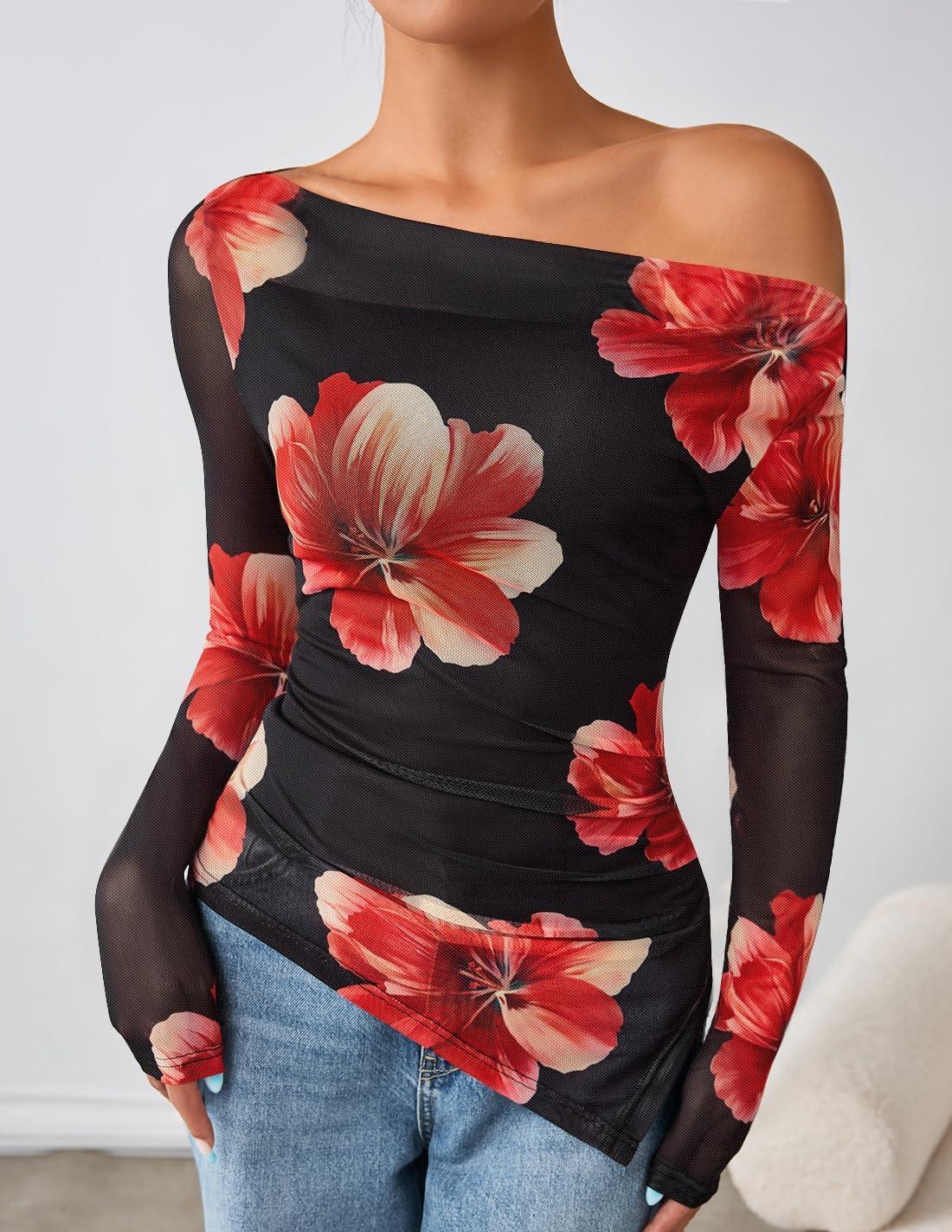 imageZESICA Womens Trendy Off Shoulder Floral Mesh Tops Slim Fit Sexy Long Sleeve Shirts Asymmetrical Ruched BlousesBlack