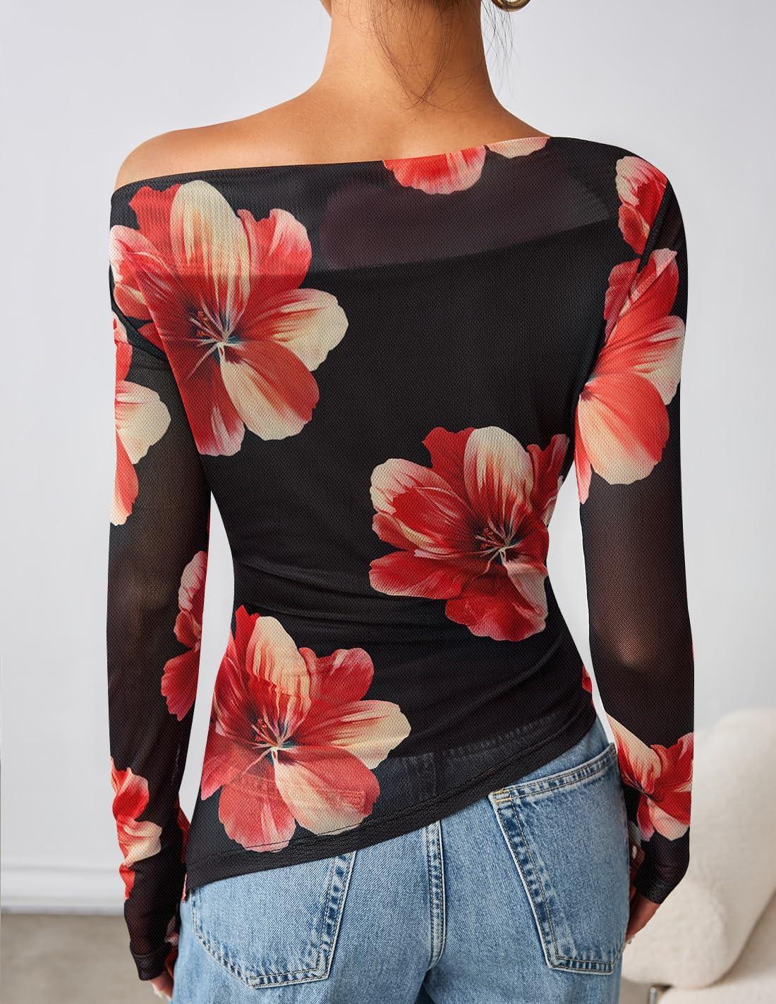 imageZESICA Womens Trendy Off Shoulder Floral Mesh Tops Slim Fit Sexy Long Sleeve Shirts Asymmetrical Ruched BlousesBlack