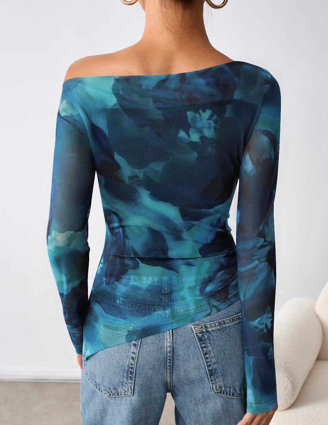 imageZESICA Womens Trendy Off Shoulder Floral Mesh Tops Slim Fit Sexy Long Sleeve Shirts Asymmetrical Ruched BlousesBlue