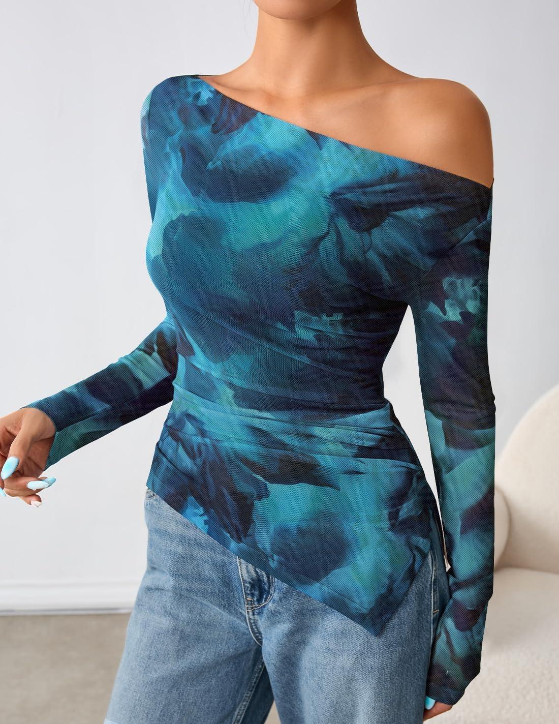 imageZESICA Womens Trendy Off Shoulder Floral Mesh Tops Slim Fit Sexy Long Sleeve Shirts Asymmetrical Ruched BlousesBlue