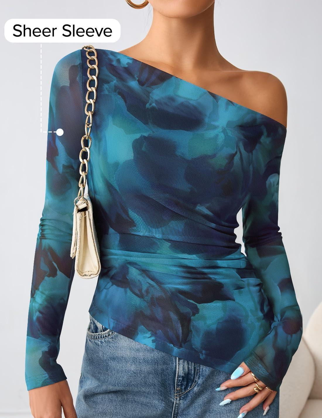 imageZESICA Womens Trendy Off Shoulder Floral Mesh Tops Slim Fit Sexy Long Sleeve Shirts Asymmetrical Ruched BlousesBlue