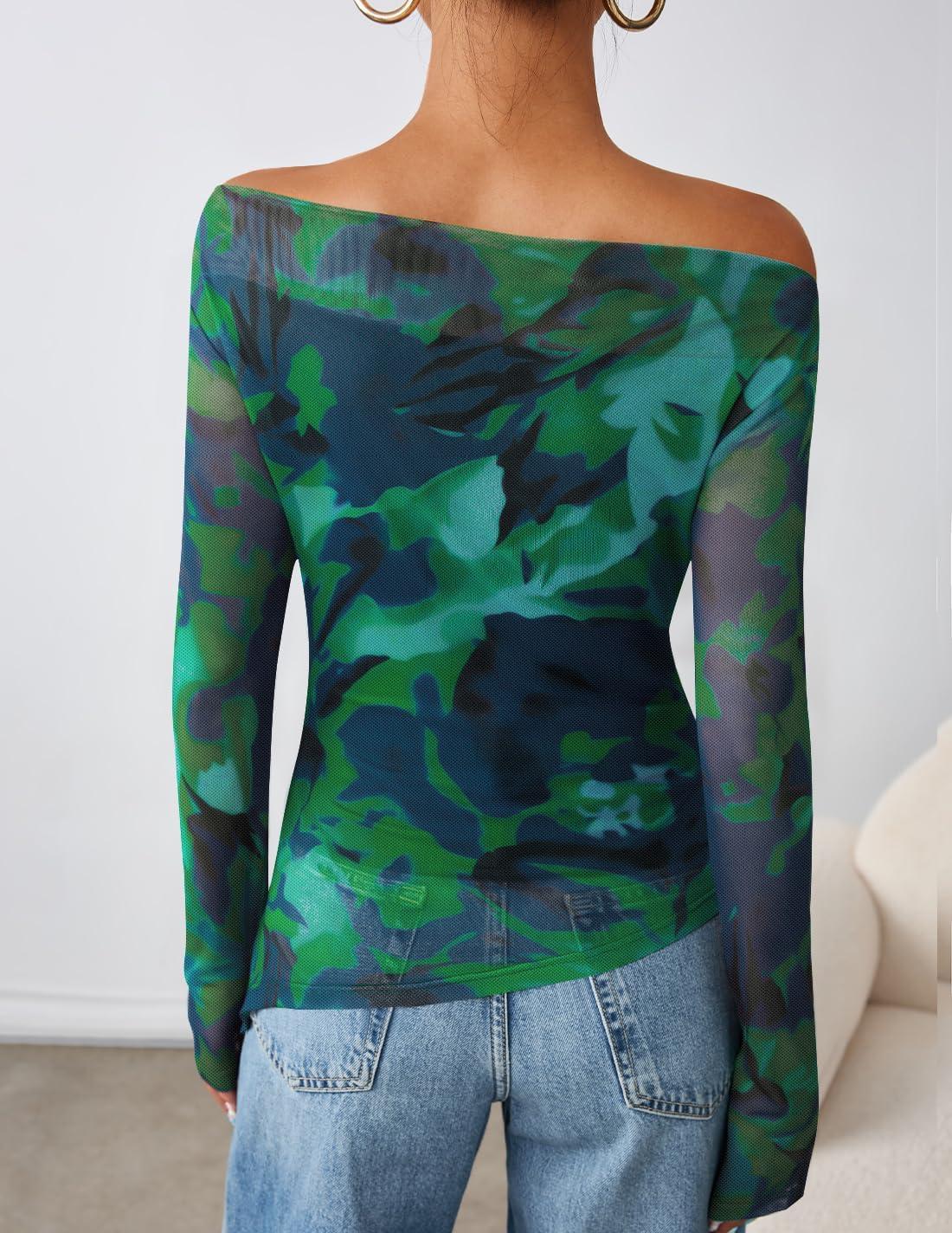 imageZESICA Womens Trendy Off Shoulder Floral Mesh Tops Slim Fit Sexy Long Sleeve Shirts Asymmetrical Ruched BlousesLakegreen