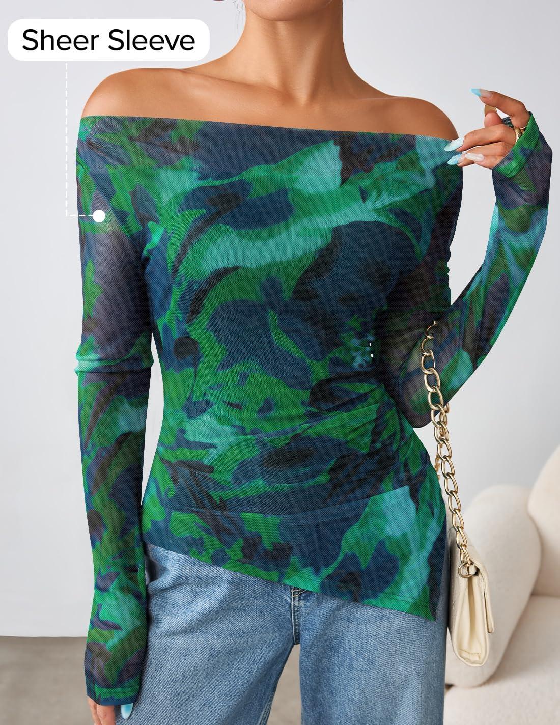 imageZESICA Womens Trendy Off Shoulder Floral Mesh Tops Slim Fit Sexy Long Sleeve Shirts Asymmetrical Ruched BlousesLakegreen