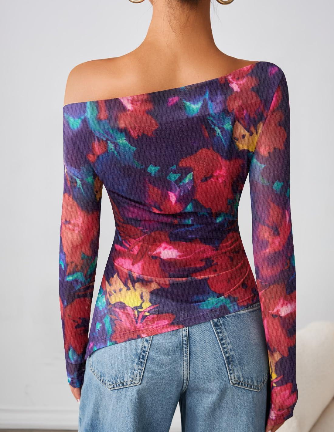 imageZESICA Womens Trendy Off Shoulder Floral Mesh Tops Slim Fit Sexy Long Sleeve Shirts Asymmetrical Ruched BlousesPurplered