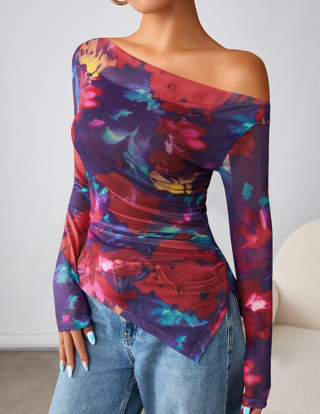 imageZESICA Womens Trendy Off Shoulder Floral Mesh Tops Slim Fit Sexy Long Sleeve Shirts Asymmetrical Ruched BlousesPurplered