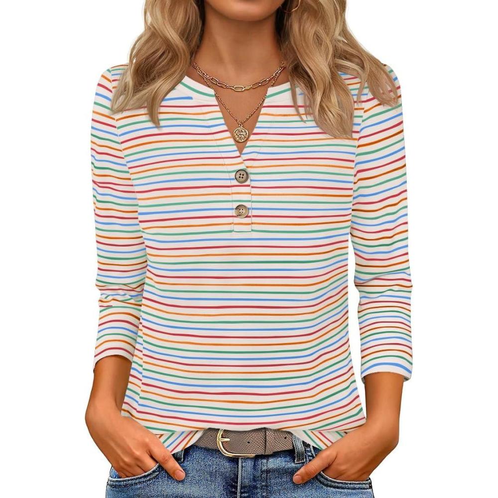 imageZESICA 34 Length Sleeve Womens Tops 2025 Fall Boho Striped Henley Shirts Dressy Casual BlousesBeige