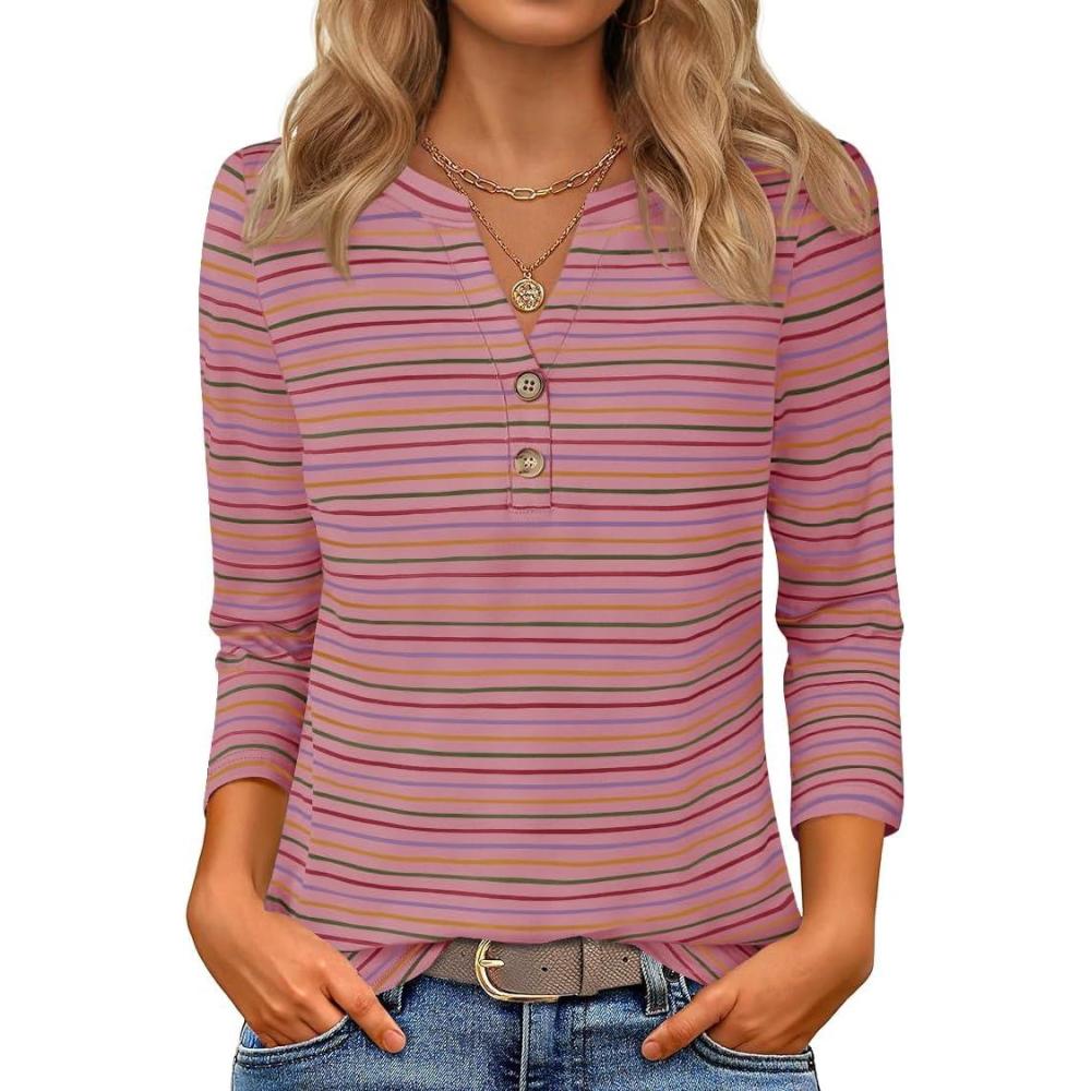 imageZESICA 34 Length Sleeve Womens Tops 2025 Fall Boho Striped Henley Shirts Dressy Casual BlousesPink