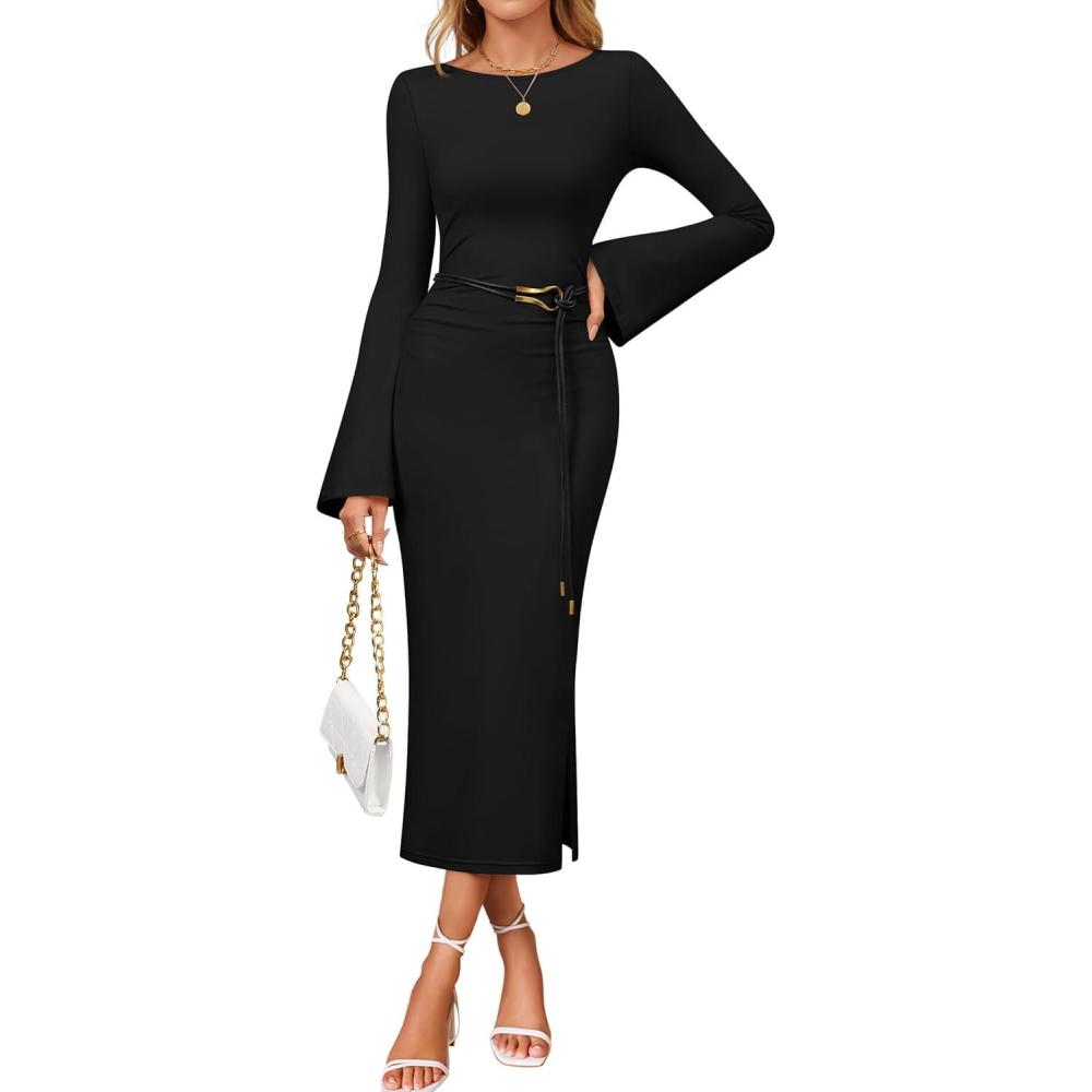 imageZESICA Fall Dresses for Women 2025 Elegant Classy Long Sleeve Business Casual Bodycon Slit Midi Dress with BeltBlack