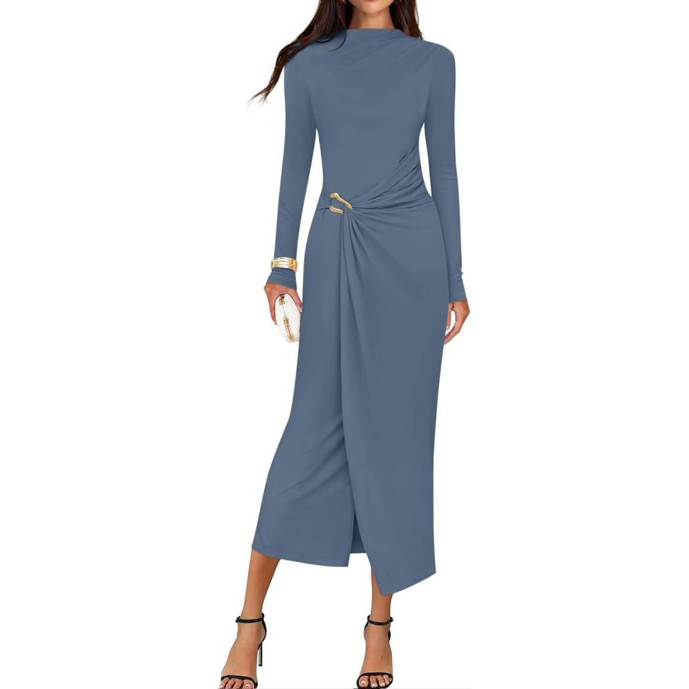 imageZESICA Womens 2025 Fall Long Sleeve Bodycon Dress Mock Neck Party Cocktail Wedding Guest Long Midi DressesDustyblue
