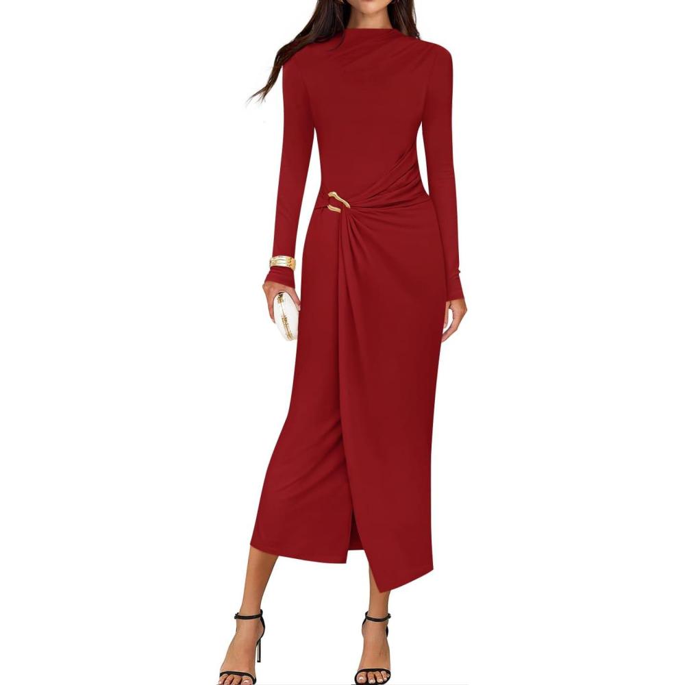 imageZESICA Womens 2025 Fall Long Sleeve Bodycon Dress Mock Neck Party Cocktail Wedding Guest Long Midi DressesRed