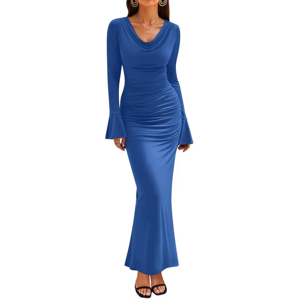 imageZESICA Womens 2025 Fall Long Sleeve Ruched Knit Bodycon Maxi Dress Cowl Neck Back Slit Formal Wedding Guest Cocktail DressesBlue