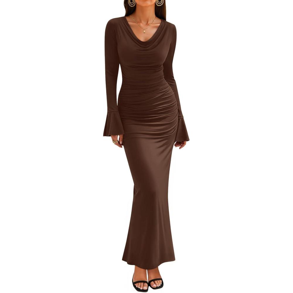 imageZESICA Womens 2025 Fall Long Sleeve Ruched Knit Bodycon Maxi Dress Cowl Neck Back Slit Formal Wedding Guest Cocktail DressesBrown