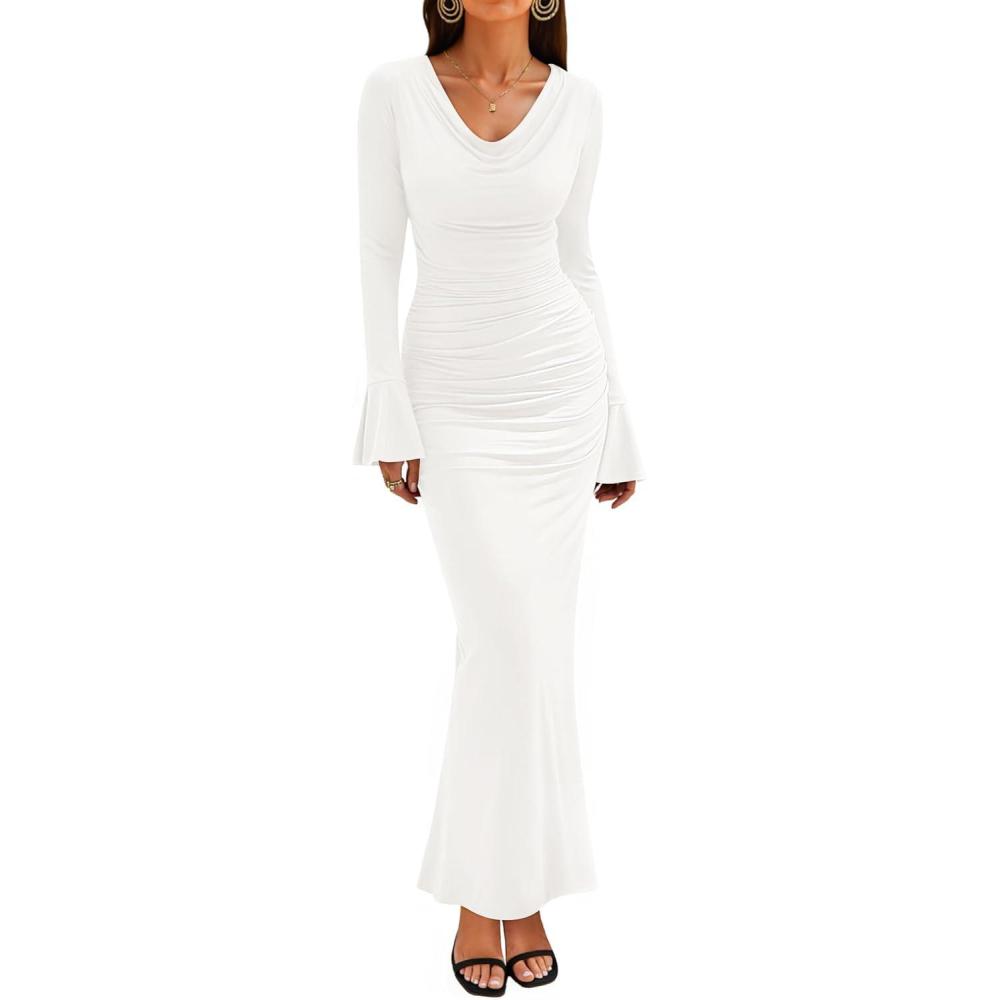 imageZESICA Womens 2025 Fall Long Sleeve Ruched Knit Bodycon Maxi Dress Cowl Neck Back Slit Formal Wedding Guest Cocktail DressesWhite