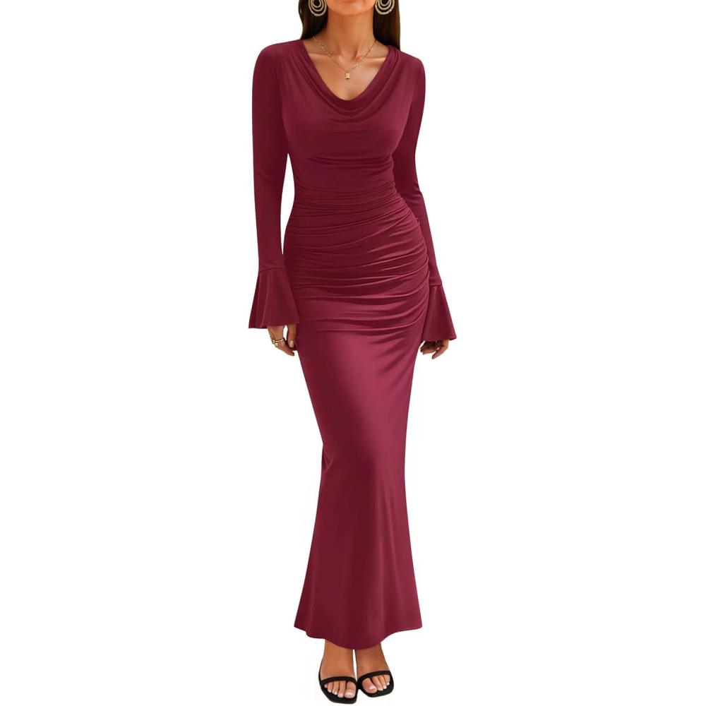 imageZESICA Womens 2025 Fall Long Sleeve Ruched Knit Bodycon Maxi Dress Cowl Neck Back Slit Formal Wedding Guest Cocktail DressesWine Red